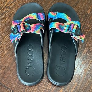 Chaco Black Slides with Rainbow Tie-Dye Straps